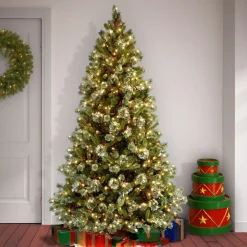 Slim-National Tree Company Pre-Lit Artificial Christmas Tree, Wintry Pine, Green, White Lights, Decorated With Pine Cones, Berry Clusters, Includes Stand, 7.5 Feet