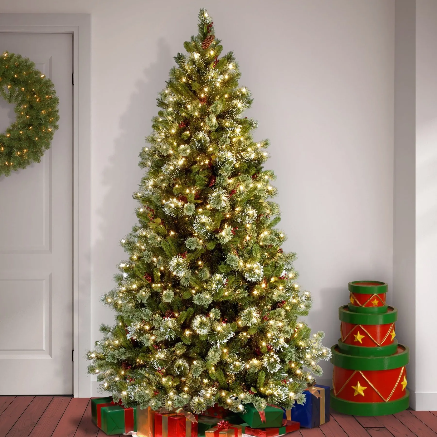 Slim-National Tree Company Pre-Lit Artificial Christmas Tree, Wintry Pine, Green, White Lights, Decorated With Pine Cones, Berry Clusters, Includes Stand, 7.5 Feet