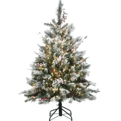 Clear-National Tree Company Pre-Lit Artificial Christmas Tree, Snowy Bedford Pine, Green, Decorated With Frosted Branches, Pine Cones, White Lights, Includes Stand, 4.5 Feet