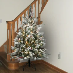 Clear-National Tree Company Pre-Lit Artificial Christmas Tree, Snowy Bedford Pine, Green, Decorated With Frosted Branches, Pine Cones, White Lights, Includes Stand, 4.5 Feet