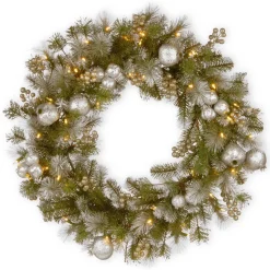 25" To 36" Wreath-National Tree Company Pre-Lit Artificial Christmas Wreath, Green, Glittery Pomegranate Pine, White Lights, Decorated With Pomegranates, Berry Clusters, Christmas Collection, 30 Inches