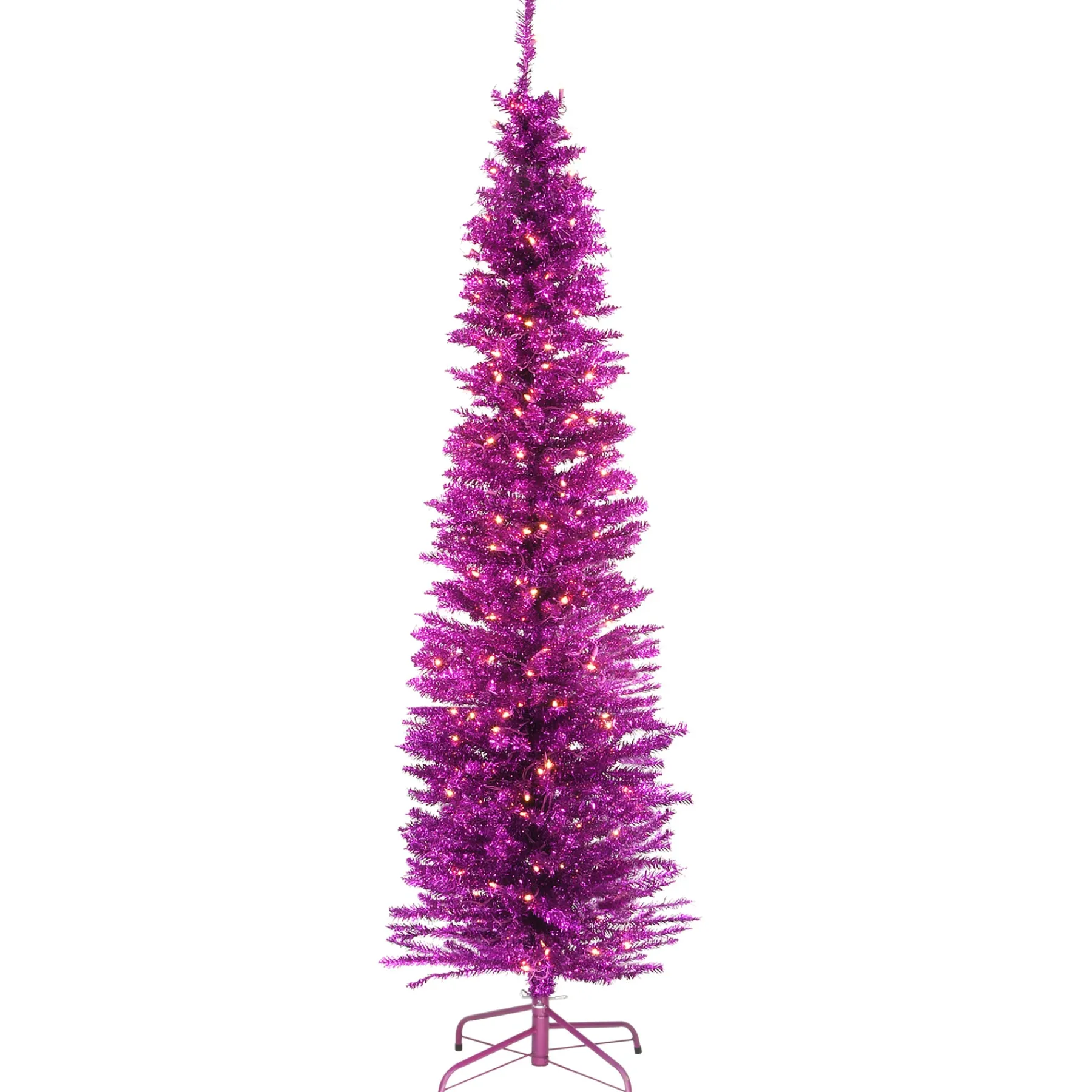 National Tree Company Slim^Pre-Lit Artificial Christmas Tree, Pink Tinsel, White Lights, Includes Stand, 6 Feet