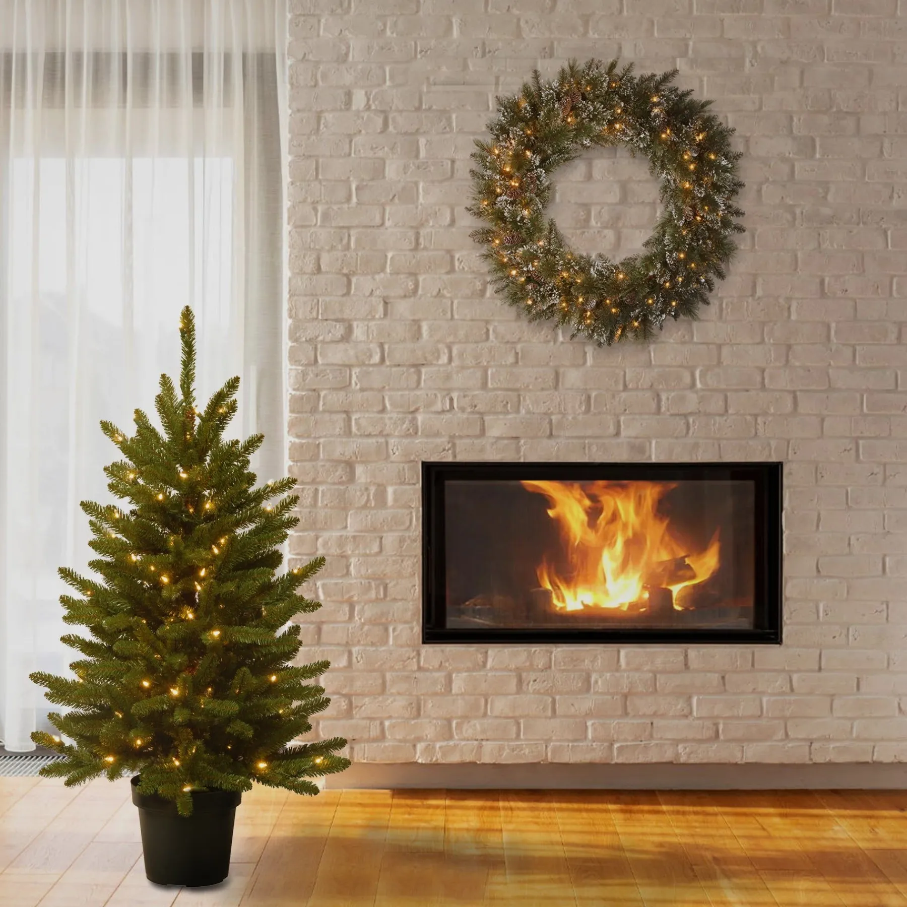 Under 5Ft-National Tree Company Pre-Lit Artificial Christmas Tree, Kensington, Green, White Lights, Includes Pot Base, 4 Feet