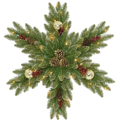 Christmas Greenery-National Tree Company Pre-Lit Artificial Christmas Hanging Snowflake, Green, Dunhill Fir, Decorated With Pine Cones, Berry Clusters, Frosted Branches, Christmas Collection, 32 Inches