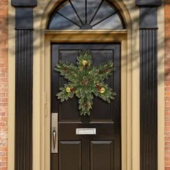 Christmas Greenery-National Tree Company Pre-Lit Artificial Christmas Hanging Snowflake, Green, Dunhill Fir, Decorated With Pine Cones, Berry Clusters, Frosted Branches, Christmas Collection, 32 Inches