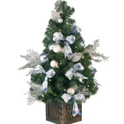 Under 5Ft-National Tree Company Pre-Lit Artificial Christmas Tree, Ornament, Green, White Lights, Decorated With Pine Cones, Ornaments, Includes Pot Base, 4 Feet