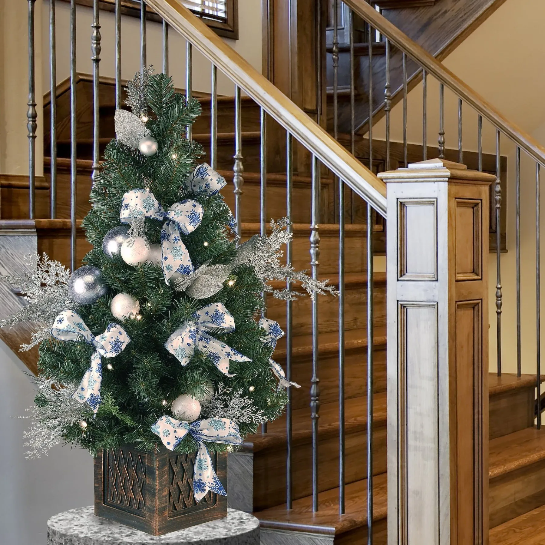 Under 5Ft-National Tree Company Pre-Lit Artificial Christmas Tree, Ornament, Green, White Lights, Decorated With Pine Cones, Ornaments, Includes Pot Base, 4 Feet