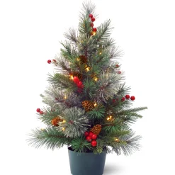 National Tree Company Full^Pre-Lit Artificial Christmas Tree, Green, Colonial Fir, White Led Lights, Decorated With Berry Clusters, Pine Cones, Includes Pot Base, Battery Operated, 2 Feet
