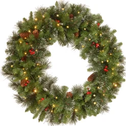 25" To 36" Wreath-National Tree Company Pre-Lit Artificial Christmas Wreath, Green, Carolina Pine, White Lights, Decorated With Pine Cones, Berry Clusters, Frosted Branches, Christmas Collection, 30 Inches