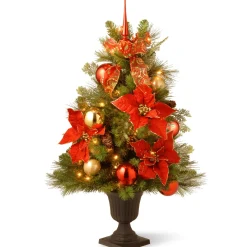Slim-National Tree Company Pre-Lit Artificial Christmas Tree, Elegance, Green, White Lights, Includes Pot Base, 3 Feet