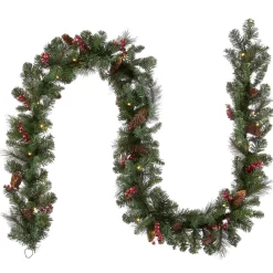 7' To 10' Garland-National Tree Company Pre-Lit Artificial Christmas Garland, Green, Crestwood Spruce, White Lights, Decorated With Pine Cones, Berry Clusters, Battery Operated, Christmas Collection, 9 Feet