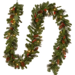 7' To 10' Garland-National Tree Company Pre-Lit Artificial Christmas Garland, Green, Crestwood Spruce, White Lights, Decorated With Pine Cones, Berry Clusters, Battery Operated, Christmas Collection, 9 Feet