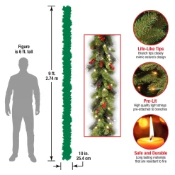 7' To 10' Garland-National Tree Company Pre-Lit Artificial Christmas Garland, Green, Crestwood Spruce, White Lights, Decorated With Pine Cones, Berry Clusters, Battery Operated, Christmas Collection, 9 Feet