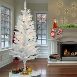 5Ft - 6Ft-National Tree Company Pre-Lit Artificial Christmas Tree, White Tinsel, White Lights, Includes Stand, 4 Feet