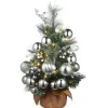 Full-National Tree Company Pre-Lit Artificial Christmas Tree, Green, Frosted Silver Pine, White Led Lights, Decorated With Berry Clusters, Ball Ornaments, Includes Cloth Bag Base, Battery Operated, 24 Inches