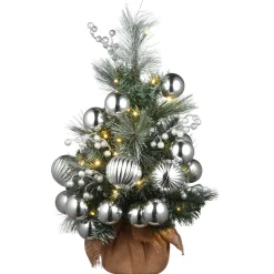 Full-National Tree Company Pre-Lit Artificial Christmas Tree, Green, Frosted Silver Pine, White Led Lights, Decorated With Berry Clusters, Ball Ornaments, Includes Cloth Bag Base, Battery Operated, 24 Inches