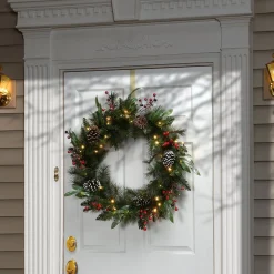 25" To 36" Wreath-National Tree Company Pre-Lit Artificial Christmas Wreath, Green, Frosted Pine, White Lights, Decorated With Pine Cones, Berry Clusters, Frosted Branches, Christmas Collection, 30 Inches