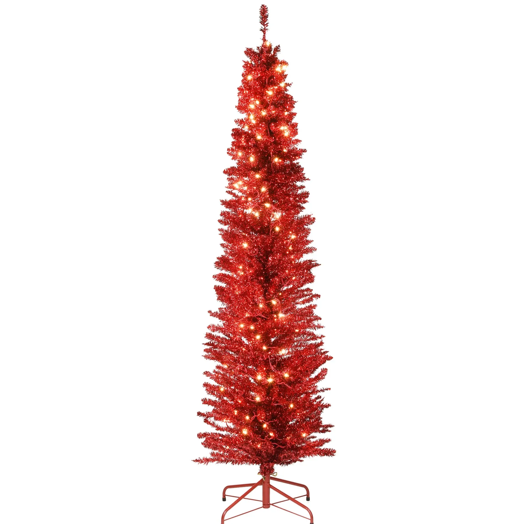 National Tree Company Slim^Pre-Lit Artificial Christmas Tree, Red Tinsel, White Lights, Includes Stand, 6 Feet