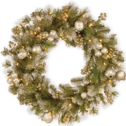 25" To 36" Wreath-National Tree Company Pre-Lit Artificial Christmas Wreath, Green, Glittery Pomegranate Pine, White Lights, Decorated With Pomegranates, Berry Clusters, Christmas Collection, 30 Inches
