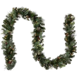 7' To 10' Garland-National Tree Company Pre-Lit Artificial Christmas Garland, Green, Carolina Pine, White Lights, Decorated With Pine Cones, Plug In, Christmas Collection, 9 Feet