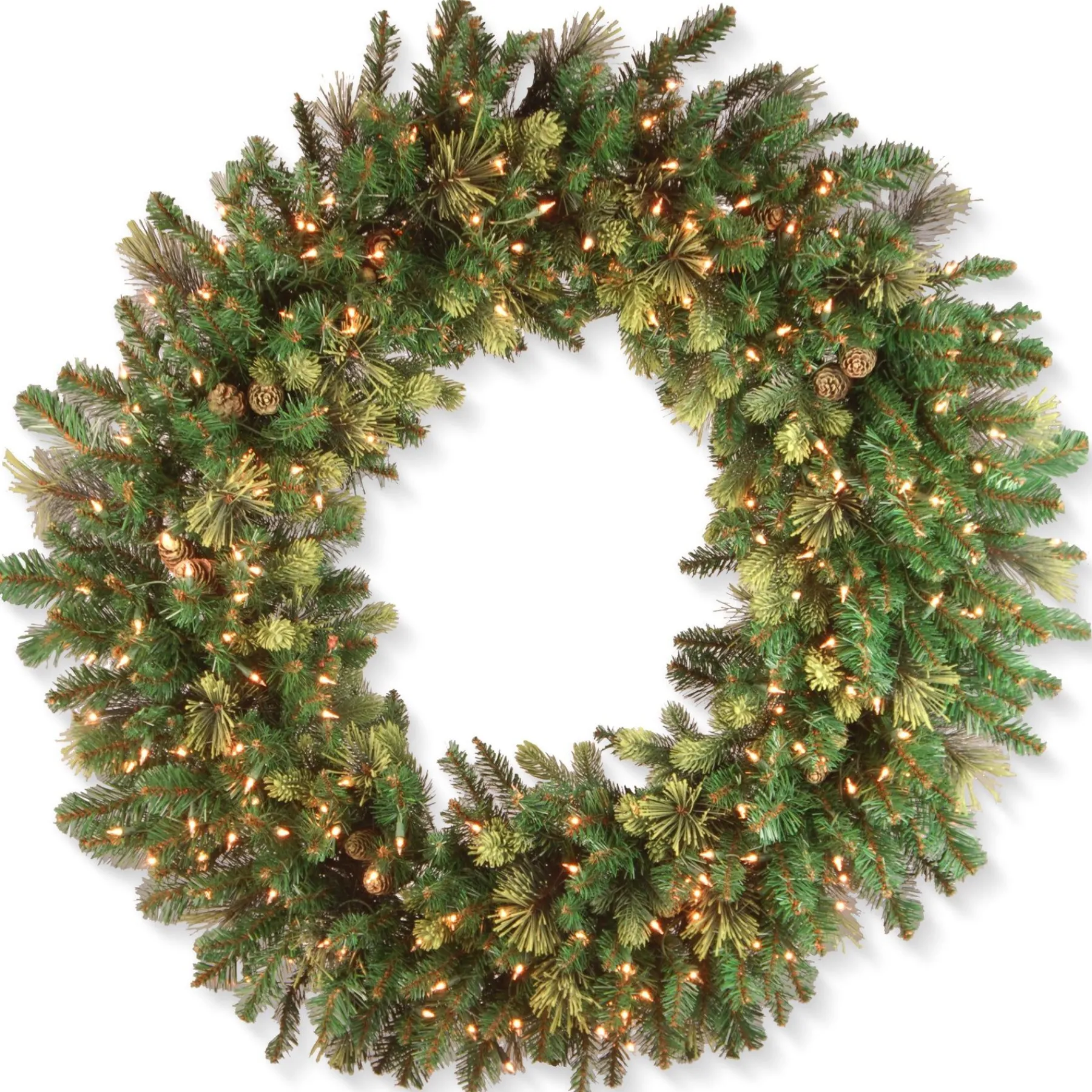 Over 37" Wreath-National Tree Company Pre-Lit Artificial Christmas Wreath, Green, Carolina Pine, White Lights, Decorated With Pine Cones, Christmas Collection, 24 Inches