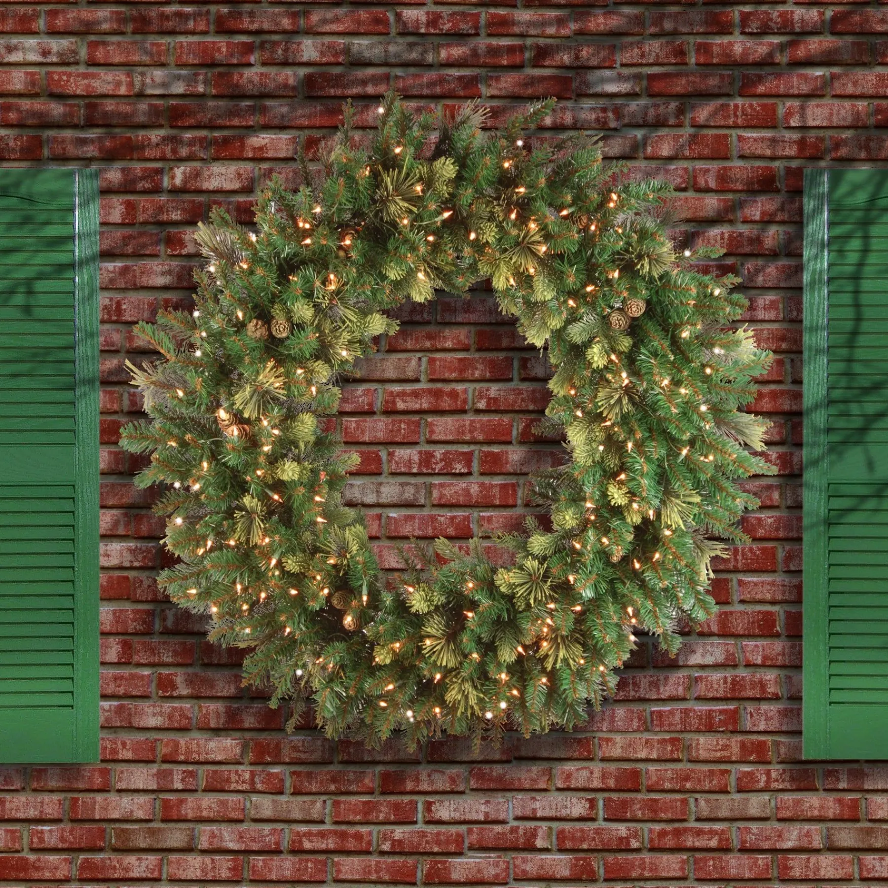 Over 37" Wreath-National Tree Company Pre-Lit Artificial Christmas Wreath, Green, Carolina Pine, White Lights, Decorated With Pine Cones, Christmas Collection, 24 Inches