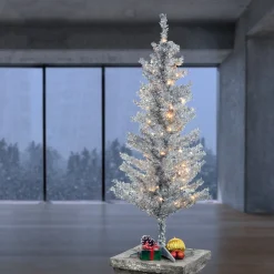 Clear-National Tree Company Pre-Lit Artificial Christmas Tree, Silver Tinsel, White Lights, Includes Stand, 4 Feet