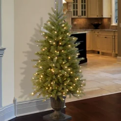 Under 5Ft-National Tree Company Pre-Lit Artificial Christmas Entrance Tree, Green, Jersey Fraser Fir, 'Feel Real', White Led Lights, Includes Pot Base, 4 Feet