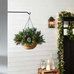Christmas Greenery-National Tree Company Pre-Lit Artificial Christmas Hanging Basket, Frosted Berry, Decorated With Frosted Pine Cones, Berry Clusters, White Led Lights, Christmas Collection, 20 Inches