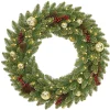 21" To 24" Wreath-National Tree Company Pre-Lit Artificial Christmas Wreath, Green, Dunhill Fir, White Lights, Decorated With Frosted Branches, Pine Cones, Red Berries, Ball Ornaments, Christmas Collection, 24 Inches