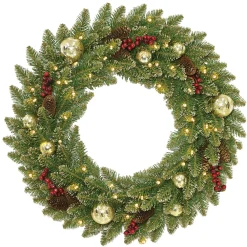 21" To 24" Wreath-National Tree Company Pre-Lit Artificial Christmas Wreath, Green, Dunhill Fir, White Lights, Decorated With Frosted Branches, Pine Cones, Red Berries, Ball Ornaments, Christmas Collection, 24 Inches