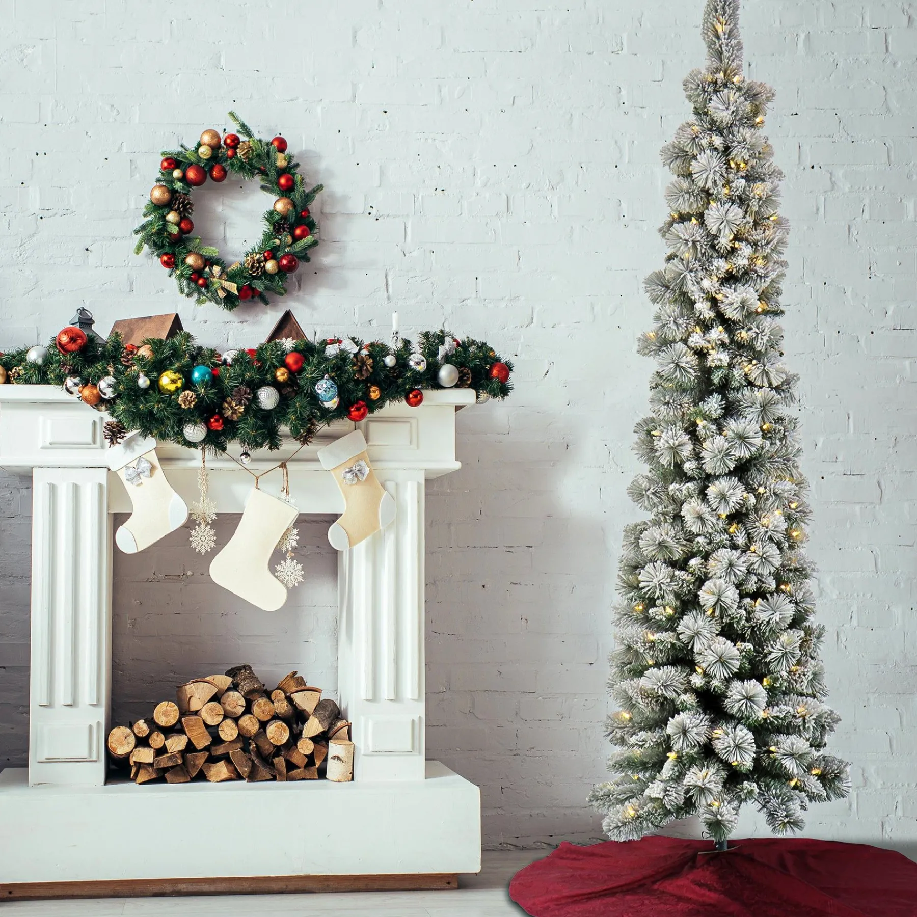 7Ft - 9Ft-National Tree Company Pre-Lit Artificial Christmas Tree, Snowy Methow Pencil Slim, With Warm White Led Lights, Plug In, 7 Ft