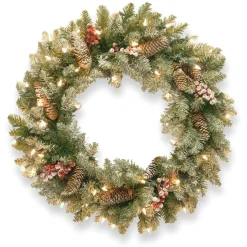 21" To 24" Wreath-National Tree Company Pre-Lit Artificial Christmas Wreath, Green, Dunhill Fir, White Lights, Decorated With Pine Cones, Frosted Branches, Berry Clusters, Christmas Collection, 24 Inches