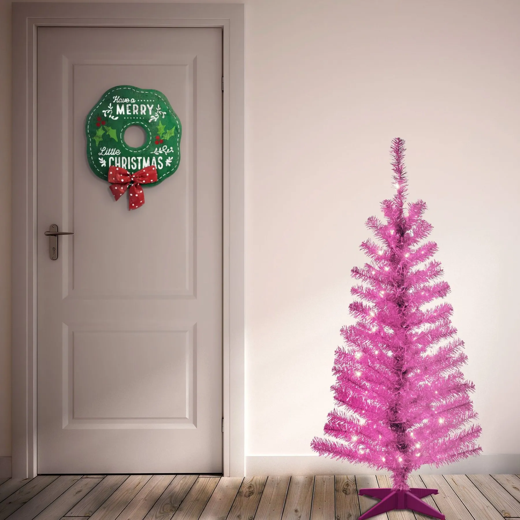5Ft - 6Ft-National Tree Company Pre-Lit Artificial Christmas Tree, Pink Tinsel, White Lights, Includes Stand, 4 Feet