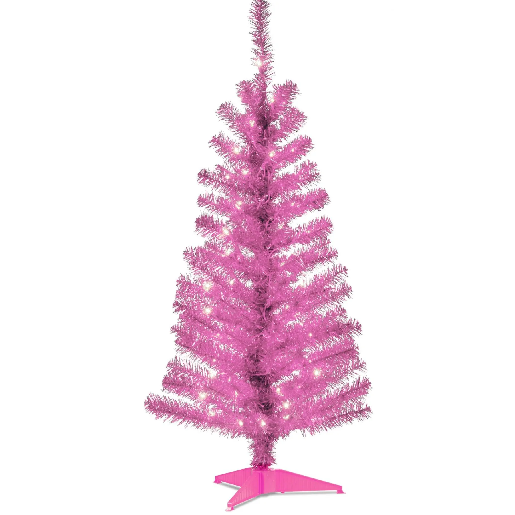 Slim-National Tree Company Pre-Lit Artificial Christmas Tree, Pink Tinsel, White Lights, Includes Stand, 4 Feet