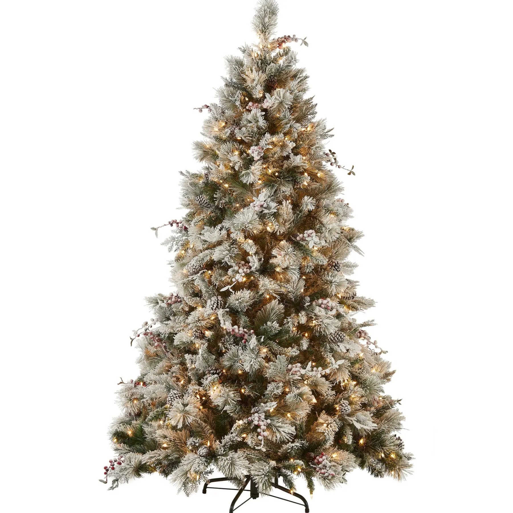 7Ft - 9Ft-National Tree Company Pre-Lit Artificial Christmas Tree, Snowy Bedford Pine, Decorated With Frosted Branches, Pine Cones, Green, White Lights, Includes Stand, 7.5 Feet