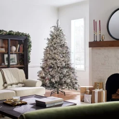 7Ft - 9Ft-National Tree Company Pre-Lit Artificial Christmas Tree, Snowy Bedford Pine, Decorated With Frosted Branches, Pine Cones, Green, White Lights, Includes Stand, 7.5 Feet