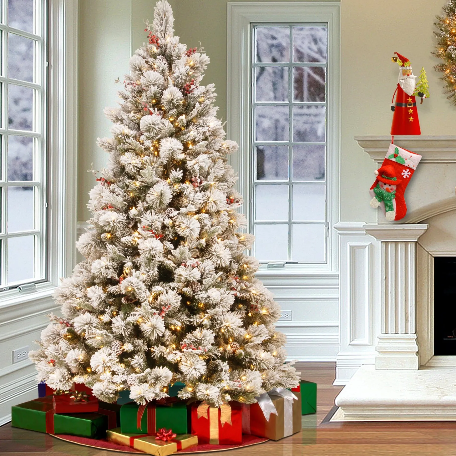 7Ft - 9Ft-National Tree Company Pre-Lit Artificial Christmas Tree, Snowy Bedford Pine, Decorated With Frosted Branches, Pine Cones, Green, White Lights, Includes Stand, 7.5 Feet