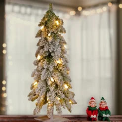 Clear-National Tree Company Pre-Lit Artificial Christmas Tree, Snowy Downswept, Green, White Lights, Includes Stand, 2 Feet