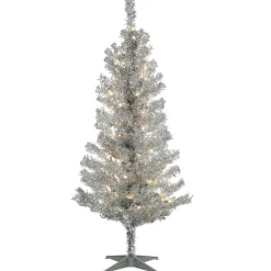 Slim-National Tree Company Pre-Lit Artificial Christmas Tree, Silver Tinsel, White Lights, Includes Stand, 4 Feet