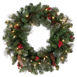 21" To 24" Wreath-National Tree Company Pre-Lit Artificial Christmas Wreath, Green, Crestwood Spruce, White Lights, Plug-In, Decorated With Pine Cones, Berry Clusters, Christmas Collection, 24 Inches