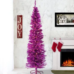 7Ft - 9Ft-National Tree Company Pre-Lit Artificial Christmas Tree, Pink Tinsel, White Lights, Includes Stand, 7 Feet