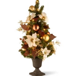 National Tree Company Slim^Pre-Lit Artificial Christmas Tree, Nature, Green, White Lights, Decorated With Pine Cones, Ornaments, Includes Pot Base, 3 Feet