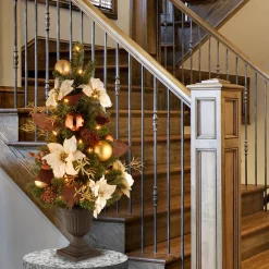 National Tree Company Slim^Pre-Lit Artificial Christmas Tree, Nature, Green, White Lights, Decorated With Pine Cones, Ornaments, Includes Pot Base, 3 Feet