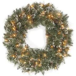 25" To 36" Wreath-National Tree Company Pre-Lit Artificial Christmas Wreath, Green, Glittery Bristle Pine, White Lights, Decorated With Frosted Branches, Pine Cones, Christmas Collection, 30 Inches