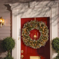 25" To 36" Wreath-National Tree Company Pre-Lit Artificial Christmas Wreath, Green, Glittery Bristle Pine, White Lights, Decorated With Frosted Branches, Pine Cones, Christmas Collection, 30 Inches