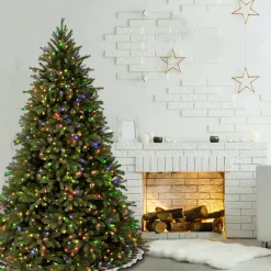 Full-National Tree Company Pre-Lit Artificial Christmas Tree, Green, Jersey Fraser Fir, 'Feel Real', Multi-Color Lights, Includes Stand, 7.5 Feet