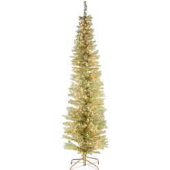 National Tree Company Slim^Pre-Lit Artificial Christmas Tree, Champagne Gold Tinsel, White Lights, Includes Stand, 6 Feet