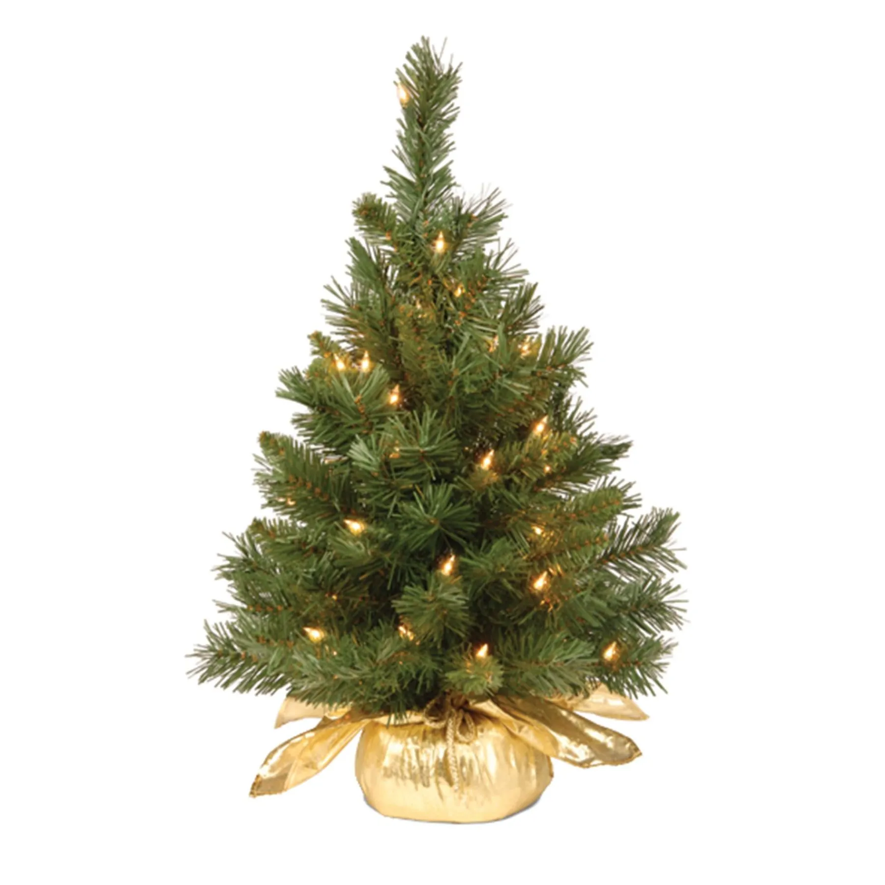 Under 5Ft-National Tree Company Pre-Lit Artificial Christmas Tree, Majestic Fir, Green, White Lights, Includes Gold Cloth Base, 2 Feet