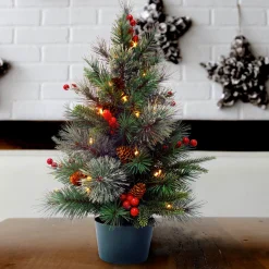 Full-National Tree Company Pre-Lit Artificial Christmas Tree, Green, Colonial Fir, White Led Lights, Decorated With Berry Clusters, Pine Cones, Includes Pot Base, Battery Operated, 2 Feet